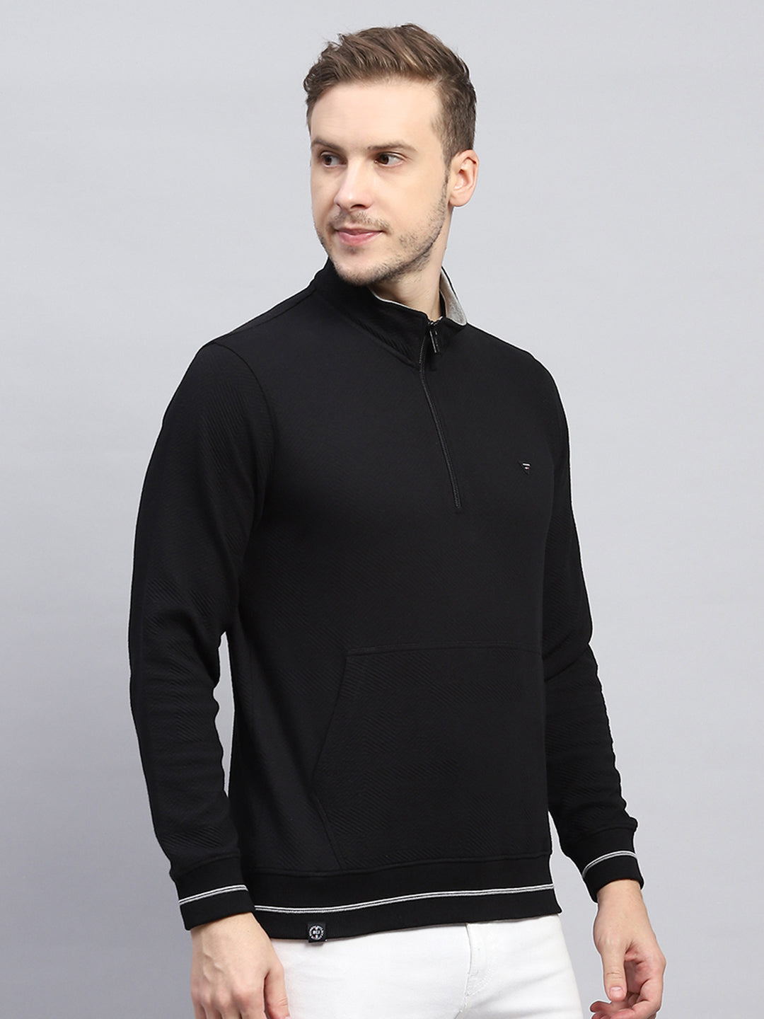 Men Black Self Design Mock Neck Full Sleeve Winter T-Shirt