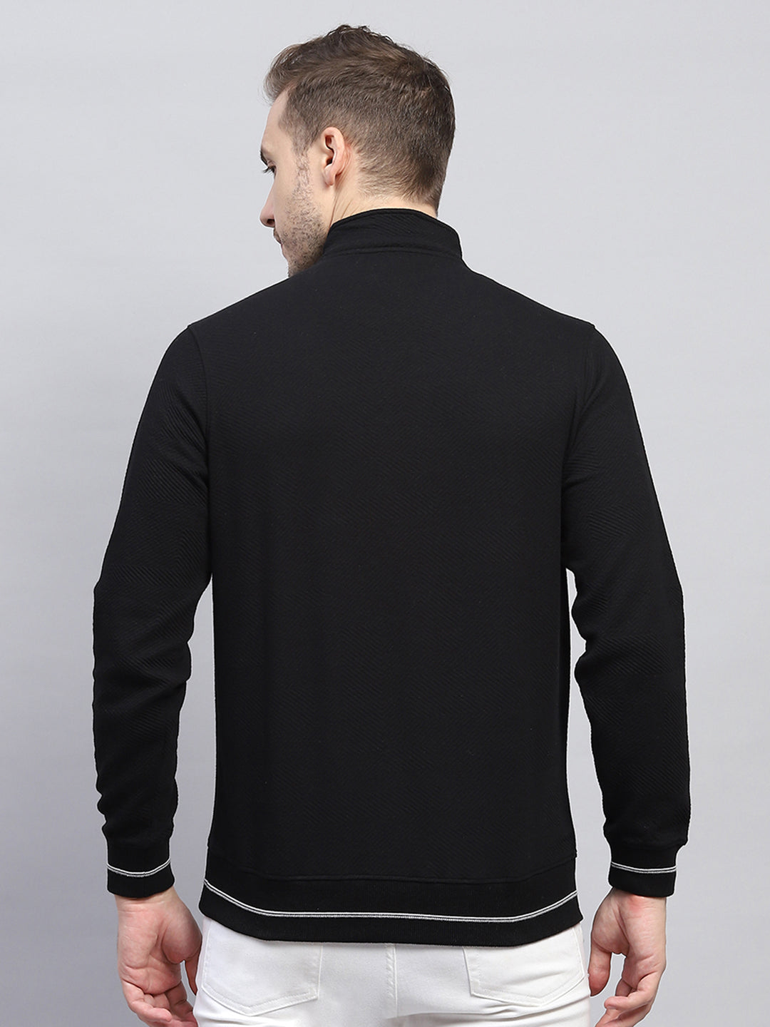 Men Black Self Design Mock Neck Full Sleeve Winter T-Shirt