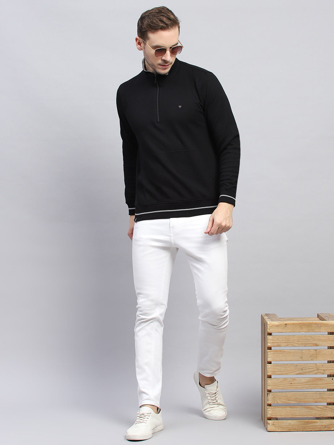 Men Black Self Design Mock Neck Full Sleeve Winter T-Shirt