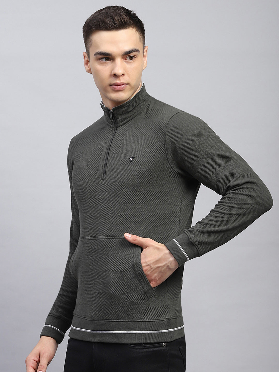 Men Olive Self Design Mock Neck Full Sleeve Winter T-Shirt