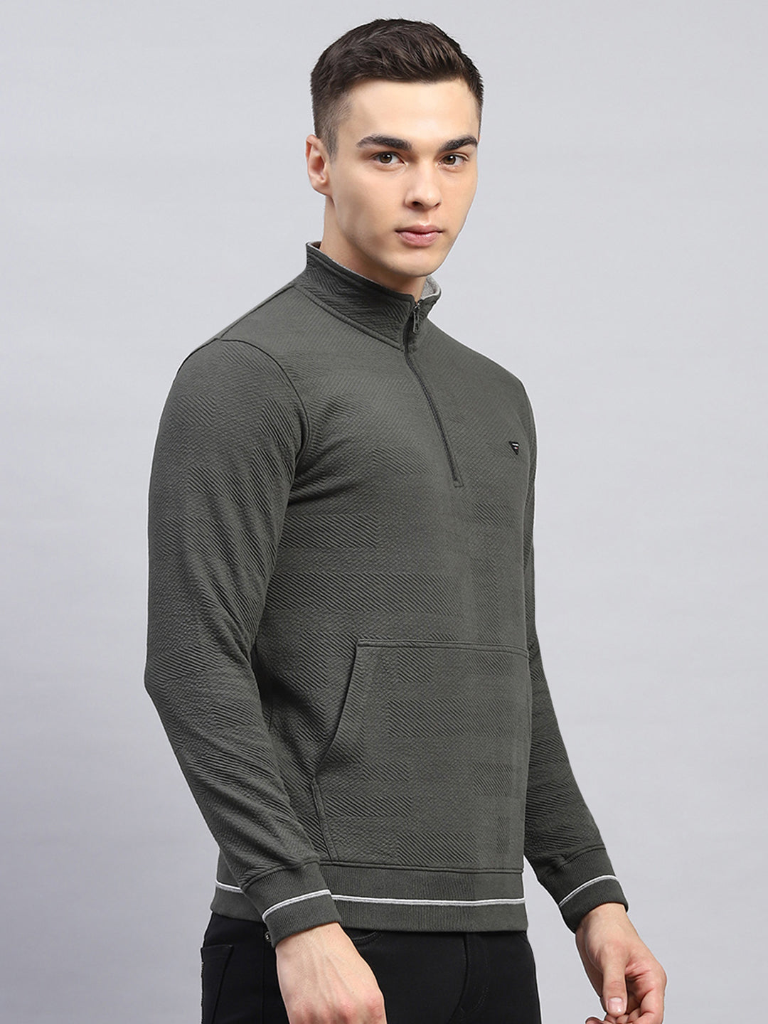 Men Olive Self Design Mock Neck Full Sleeve Winter T-Shirt