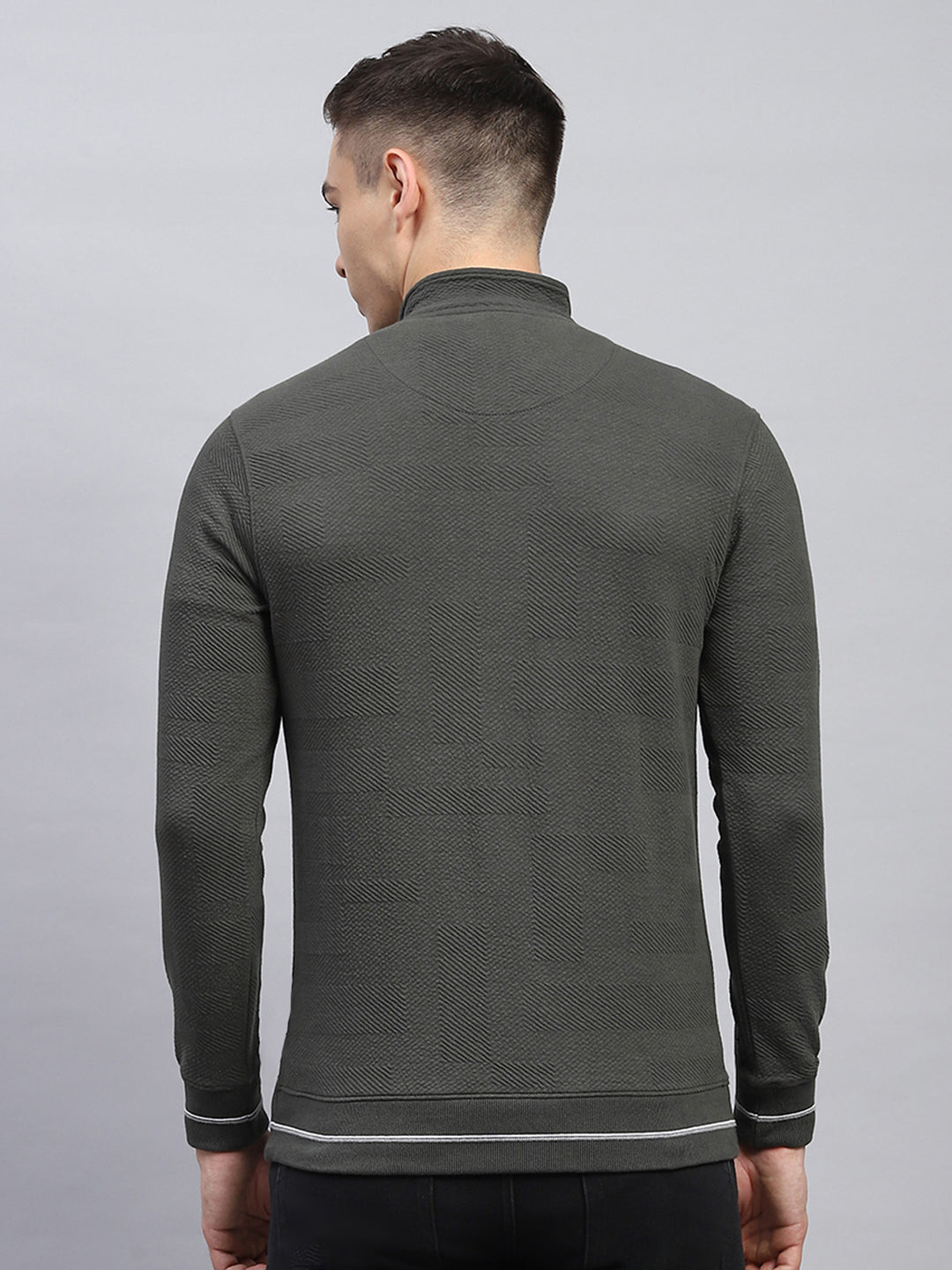 Men Olive Self Design Mock Neck Full Sleeve Winter T-Shirt