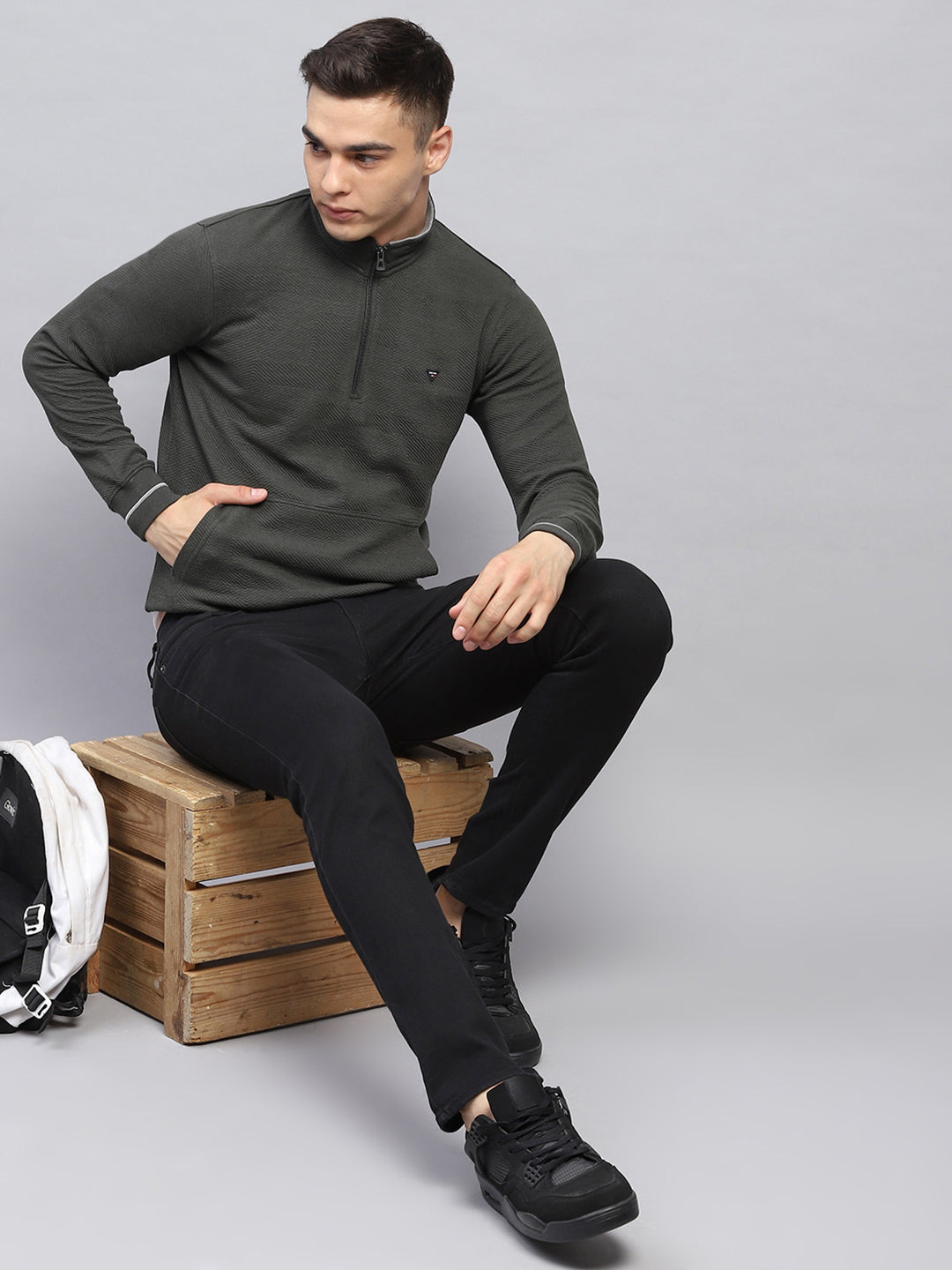 Men Olive Self Design Mock Neck Full Sleeve Winter T-Shirt