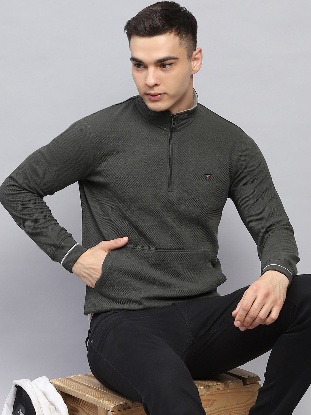 Men Olive Self Design Mock Neck Full Sleeve Winter T-Shirt
