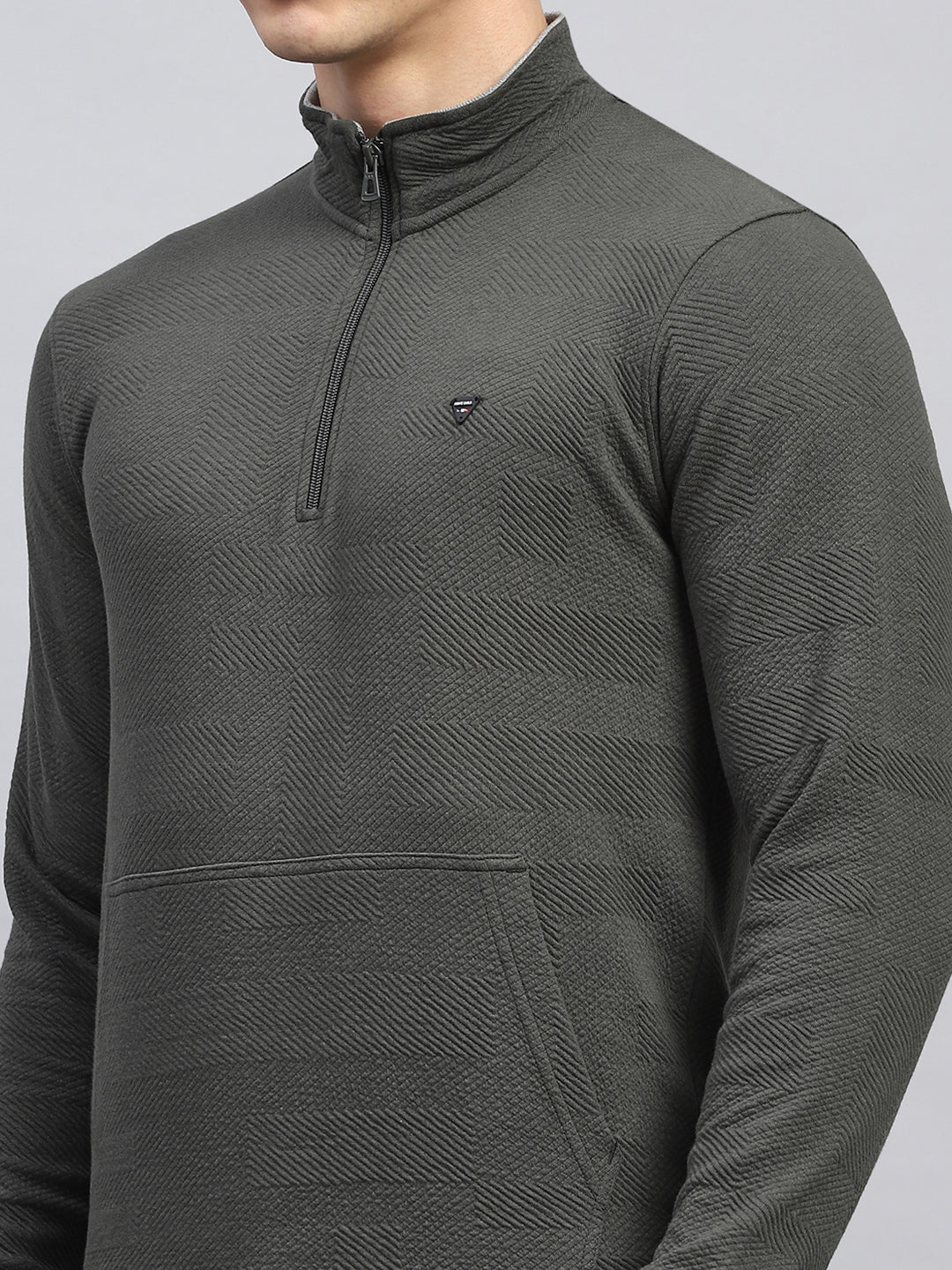 Men Olive Self Design Mock Neck Full Sleeve Winter T-Shirt