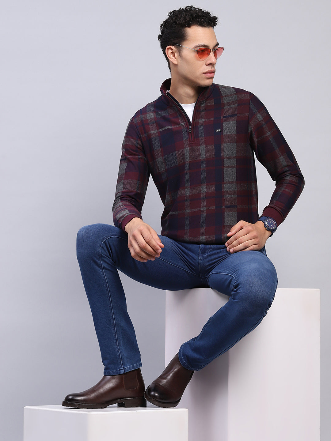 Men Maroon Check Mock Neck Full Sleeve Winter T-Shirt