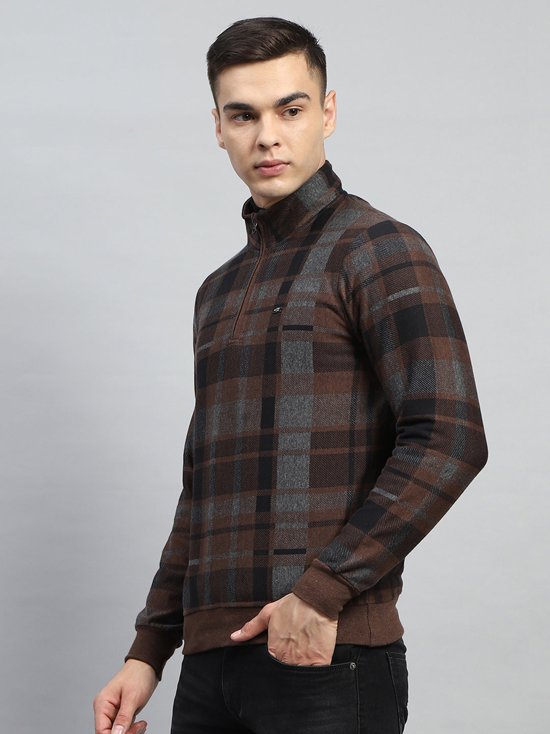 Men Brown Check Mock Neck Full Sleeve Winter T-Shirt