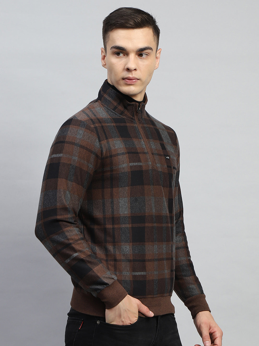Men Brown Check Mock Neck Full Sleeve Winter T-Shirt