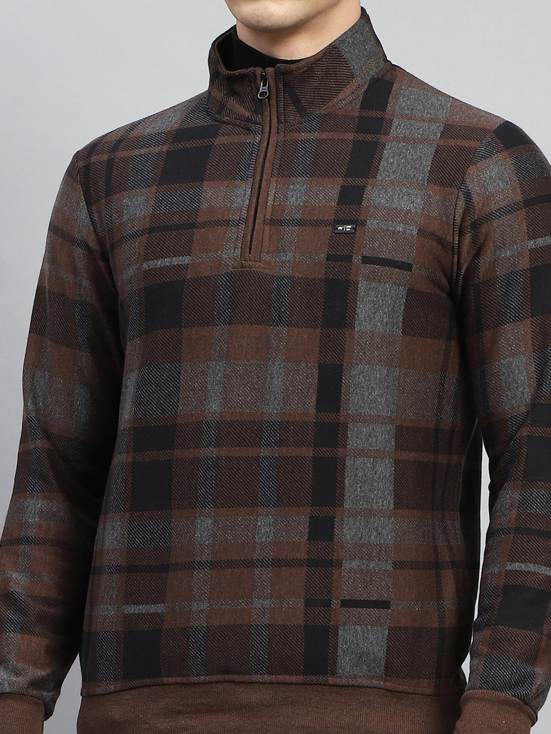 Men Brown Check Mock Neck Full Sleeve Winter T-Shirt