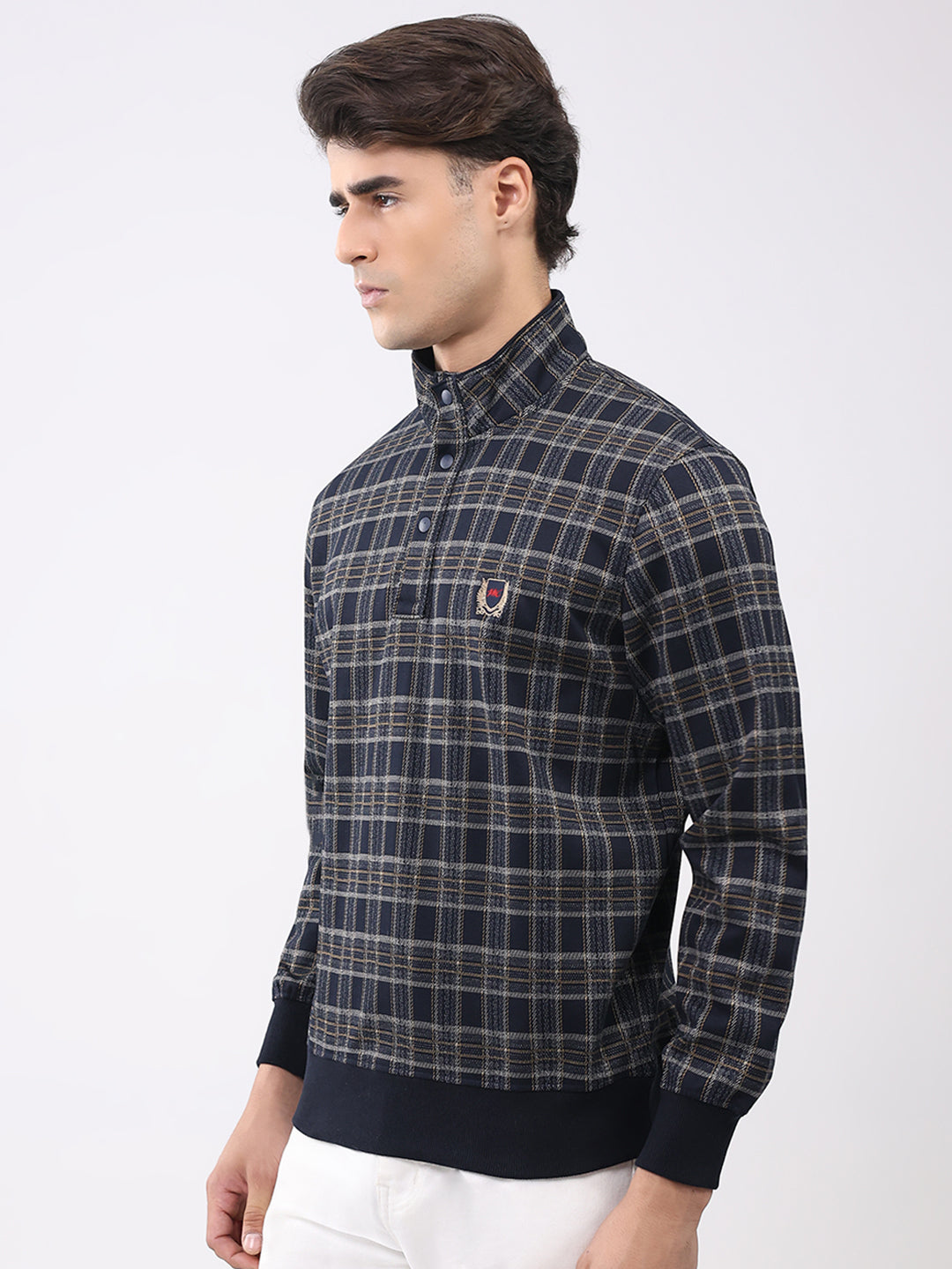 Men Navy Blue Self Design Mock Neck Full Sleeve Winter T-Shirt