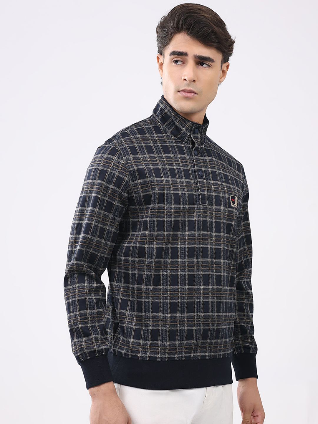 Men Navy Blue Self Design Mock Neck Full Sleeve Winter T-Shirt