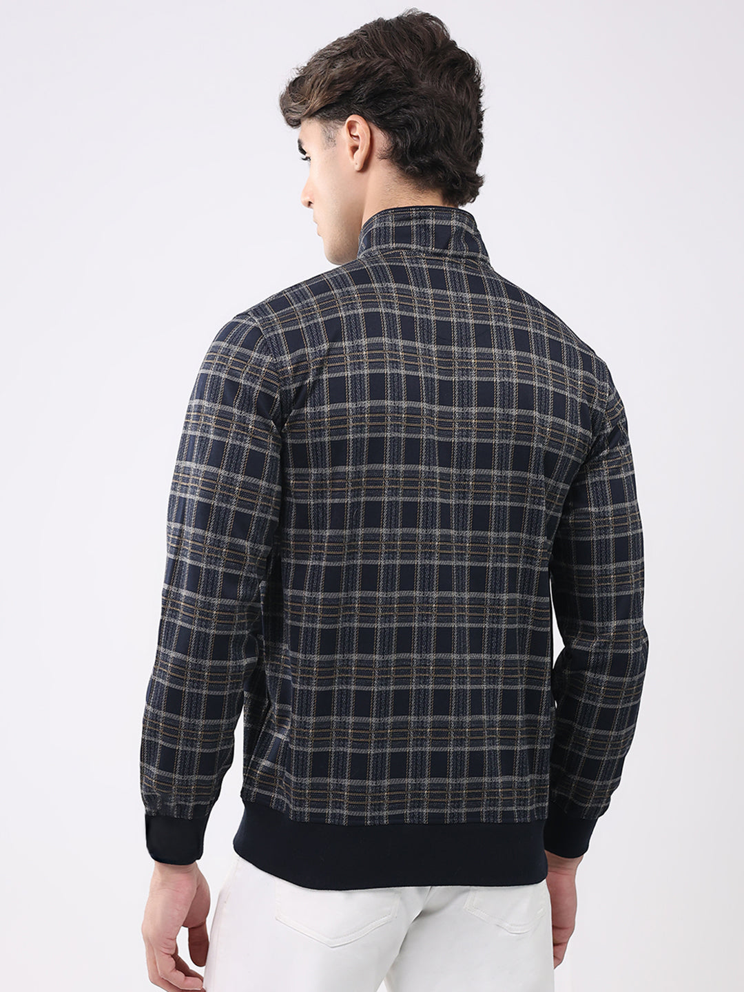 Men Navy Blue Self Design Mock Neck Full Sleeve Winter T-Shirt