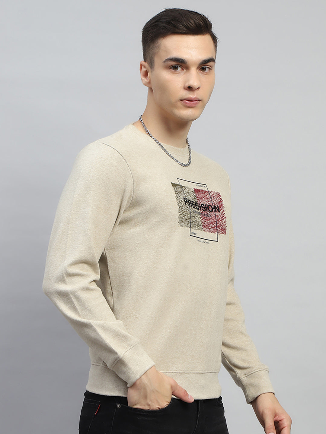 Men Beige Printed Round Neck Full Sleeve Sweatshirt