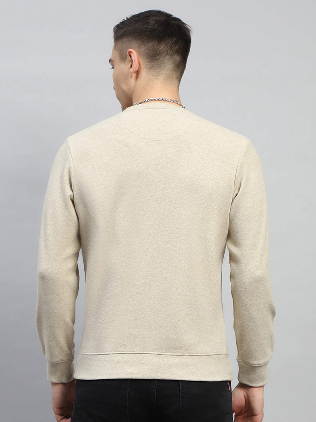 Men Beige Printed Round Neck Full Sleeve Sweatshirt