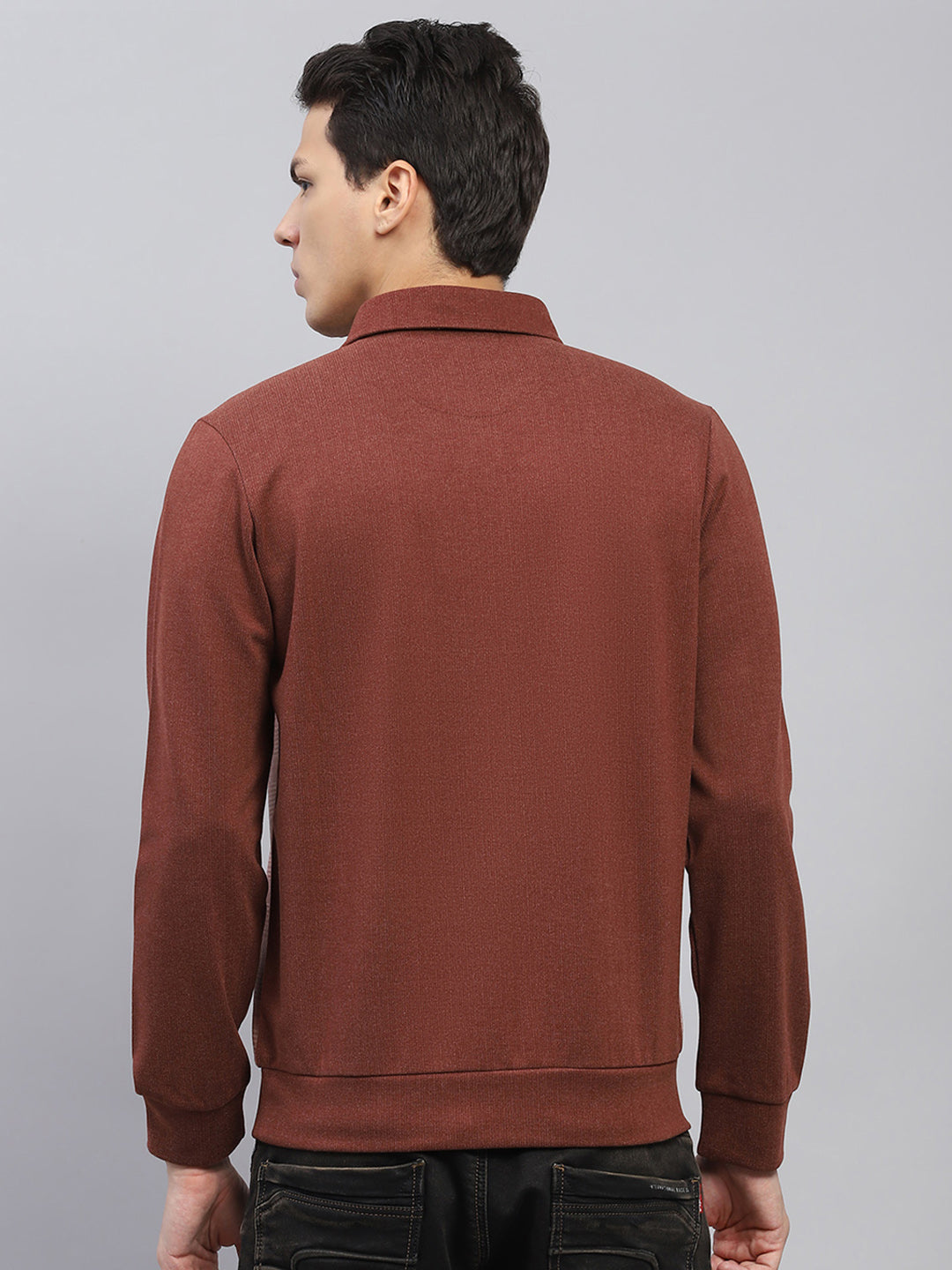 Men Rust Self Design Collar Full Sleeve Sweatshirt