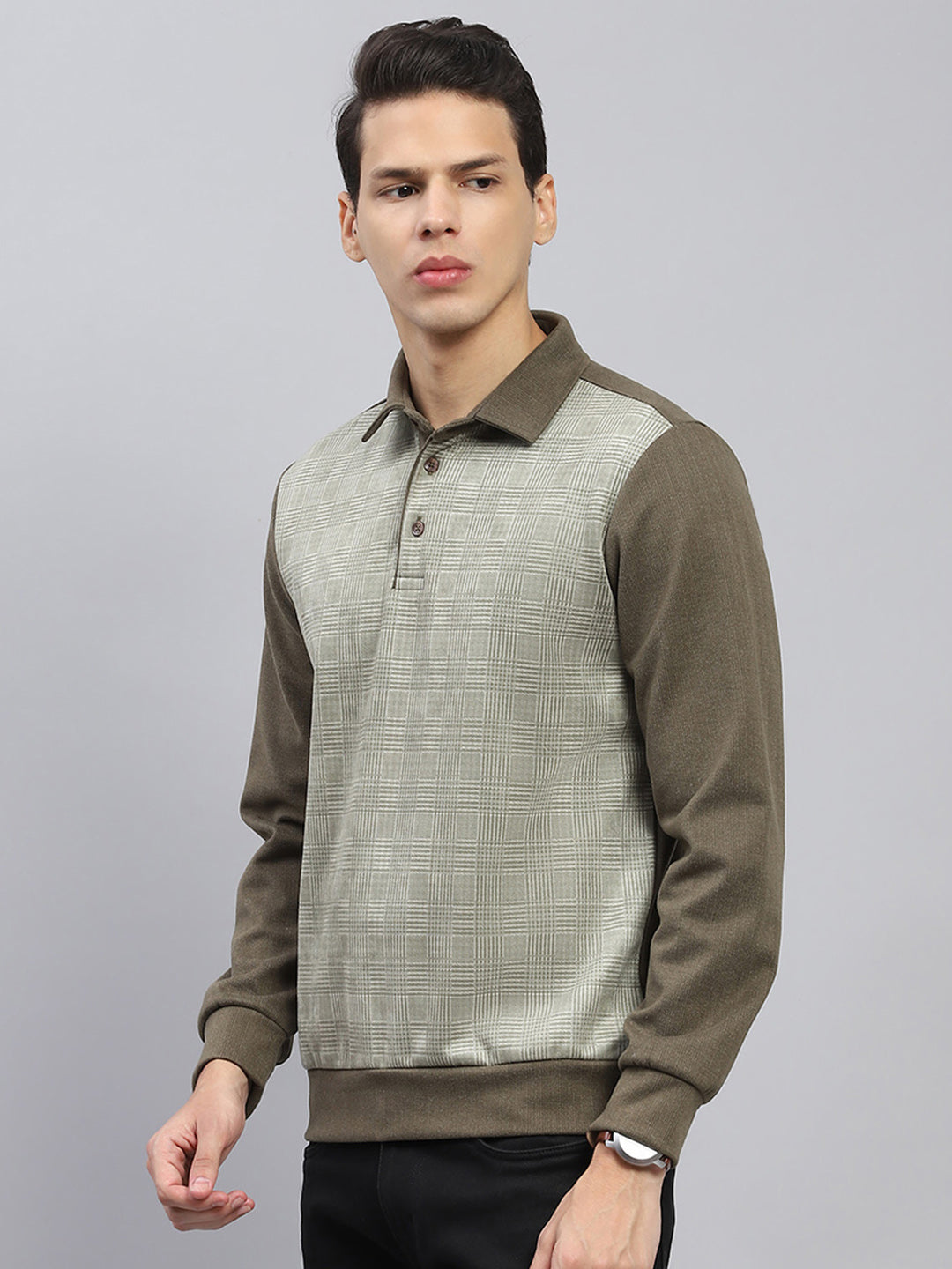 Men Green Self Design Collar Full Sleeve Sweatshirt