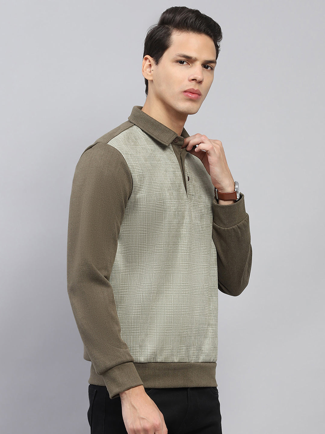 Men Green Self Design Collar Full Sleeve Sweatshirt