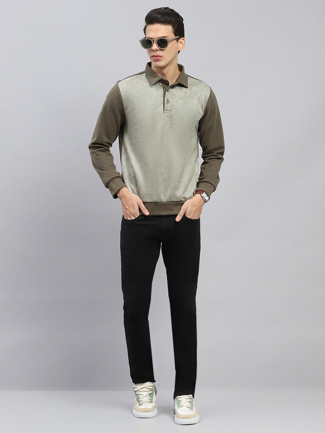 Men Green Self Design Collar Full Sleeve Sweatshirt