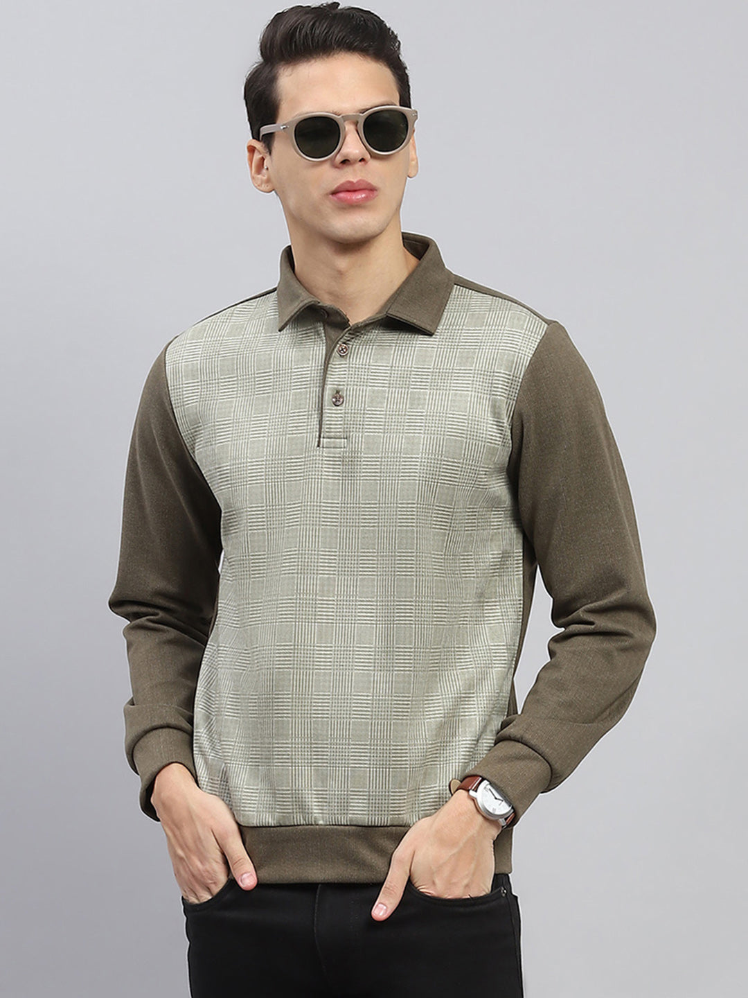 Men Green Self Design Collar Full Sleeve Sweatshirt