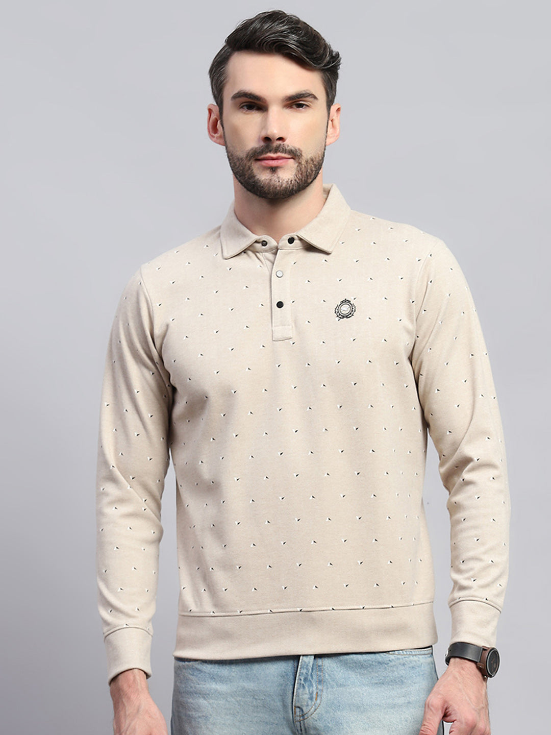 Men Beige Printed Collar Full Sleeve Sweatshirt