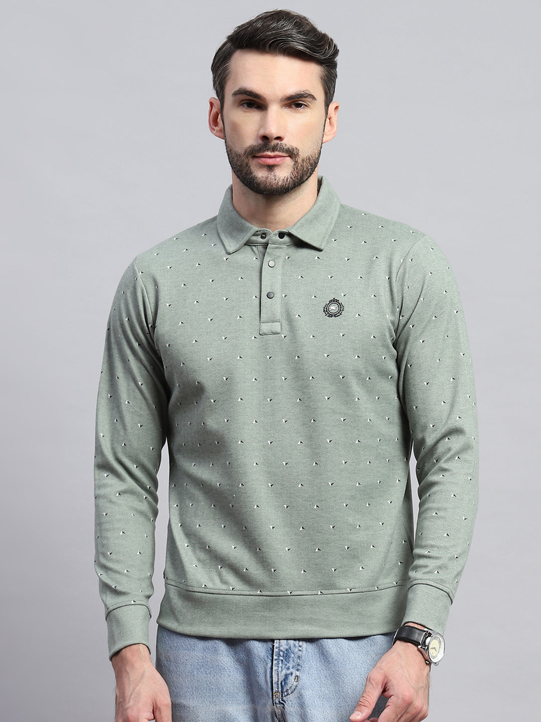Men Green Printed Collar Full Sleeve Sweatshirt