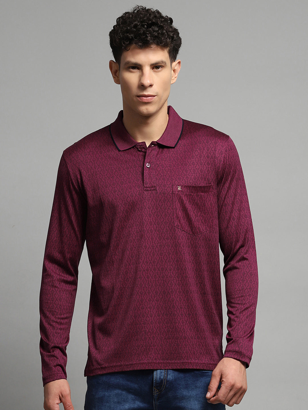 Luxuria Men Maroon Self Design Collar Full Sleeve Winter T-Shirt