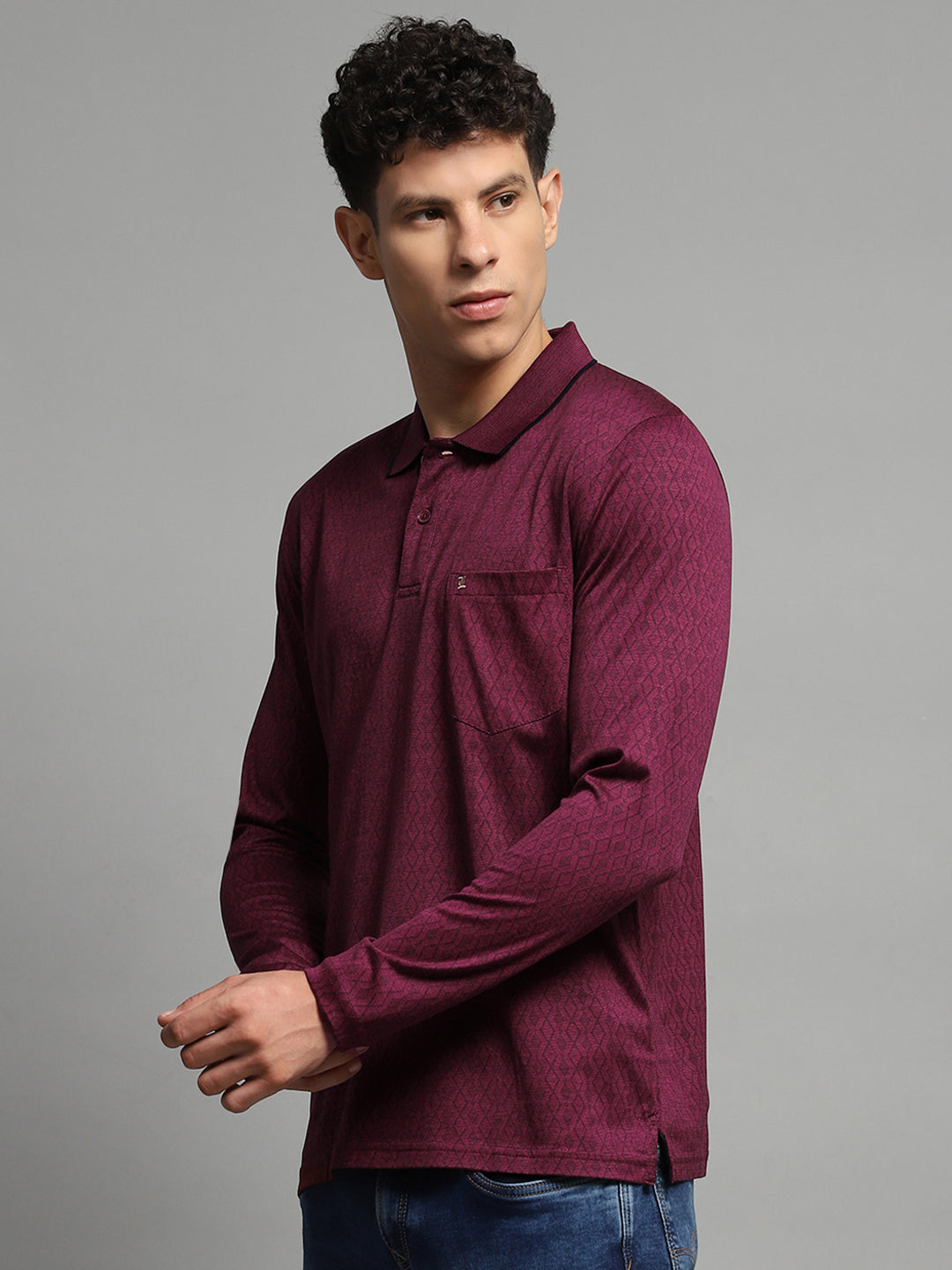 Luxuria Men Maroon Self Design Collar Full Sleeve Winter T-Shirt