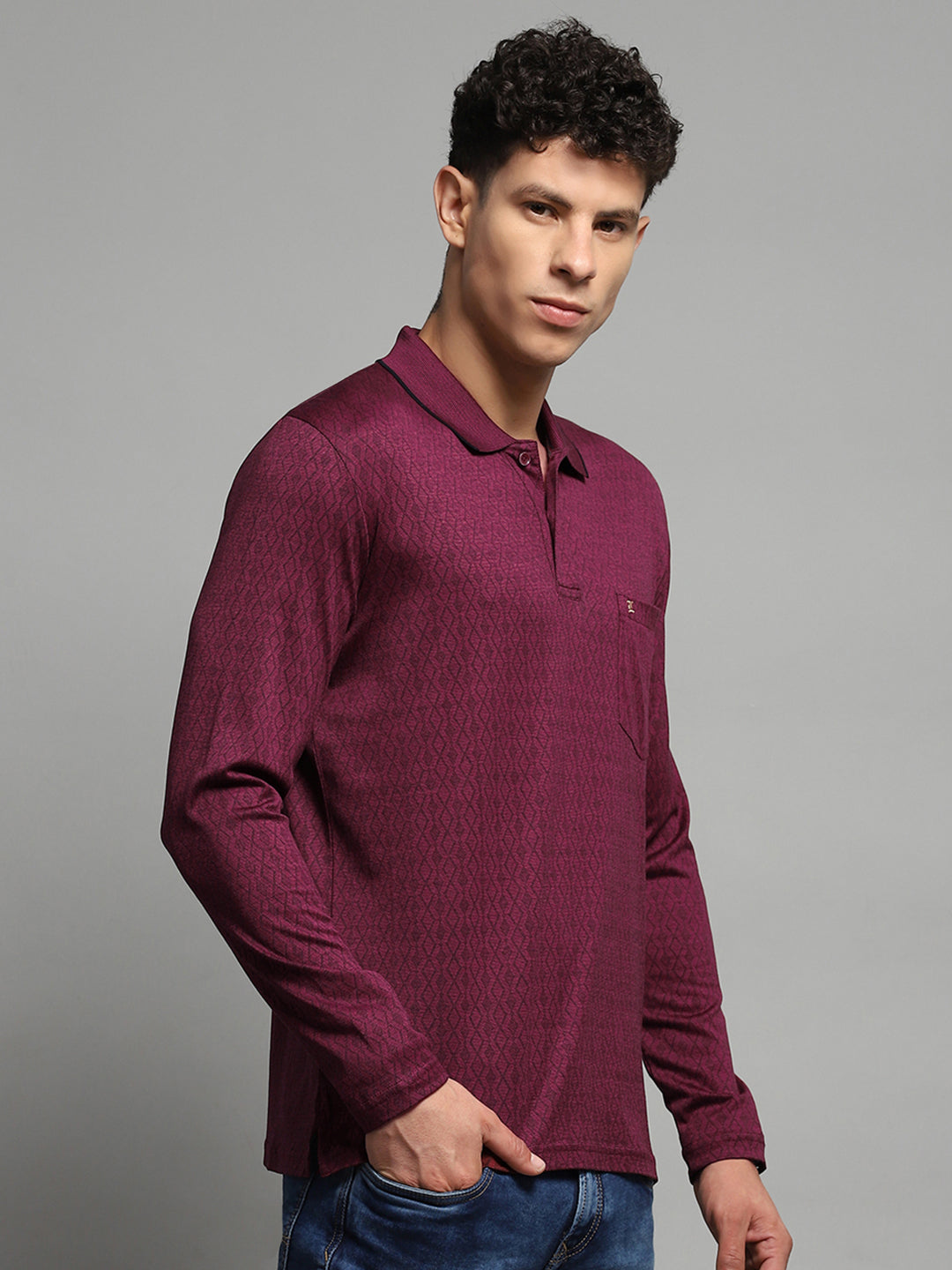 Luxuria Men Maroon Self Design Collar Full Sleeve Winter T-Shirt