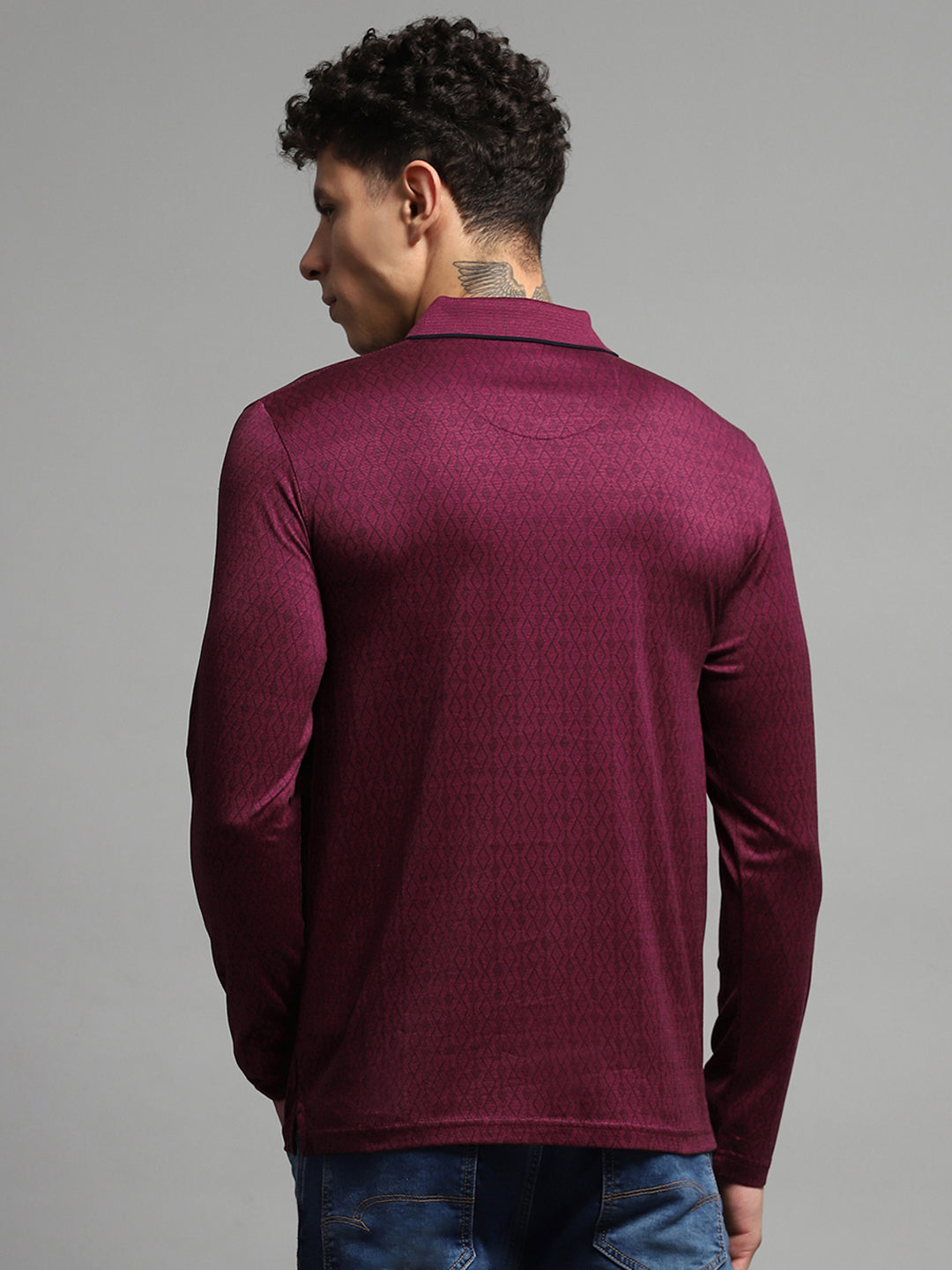 Luxuria Men Maroon Self Design Collar Full Sleeve Winter T-Shirt