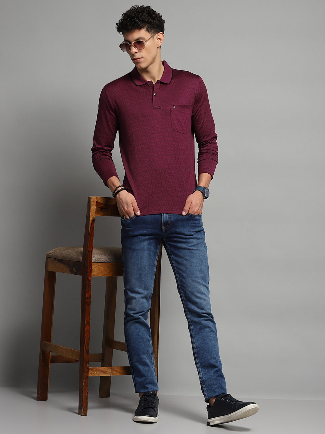 Luxuria Men Maroon Self Design Collar Full Sleeve Winter T-Shirt