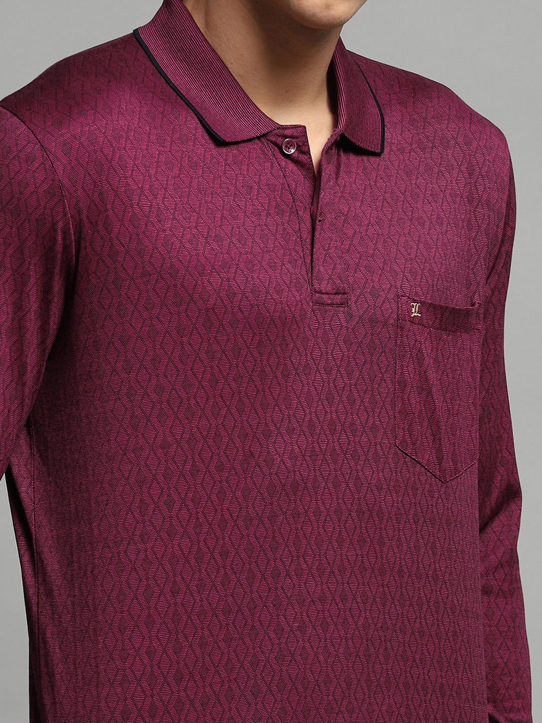 Luxuria Men Maroon Self Design Collar Full Sleeve Winter T-Shirt