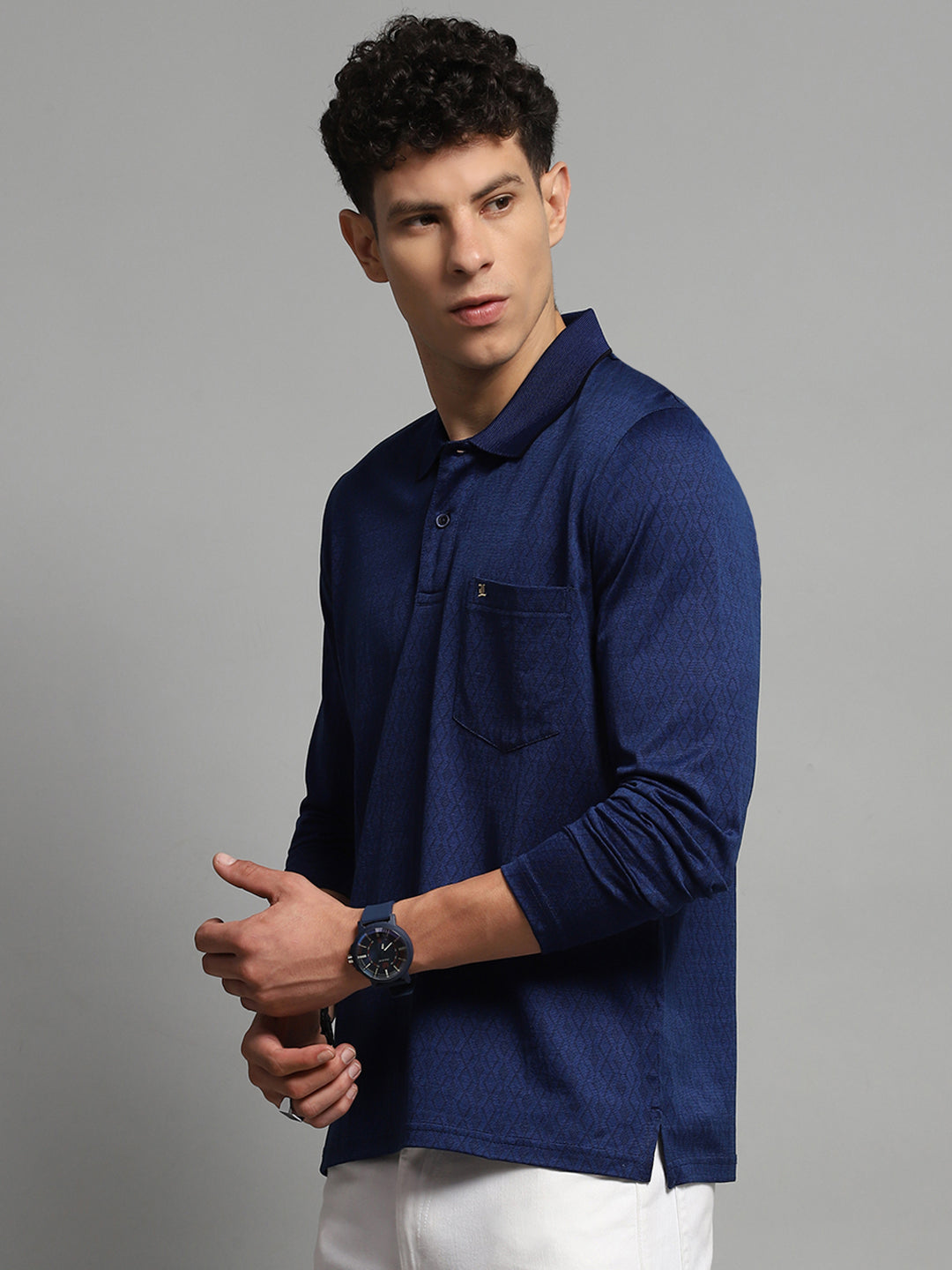 Luxuria Men Blue Self Design Collar Full Sleeve Winter T-Shirt