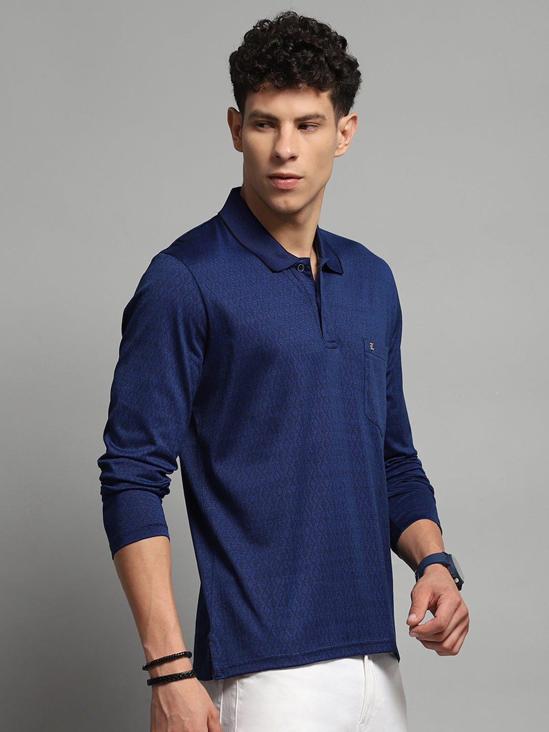 Luxuria Men Blue Self Design Collar Full Sleeve Winter T-Shirt