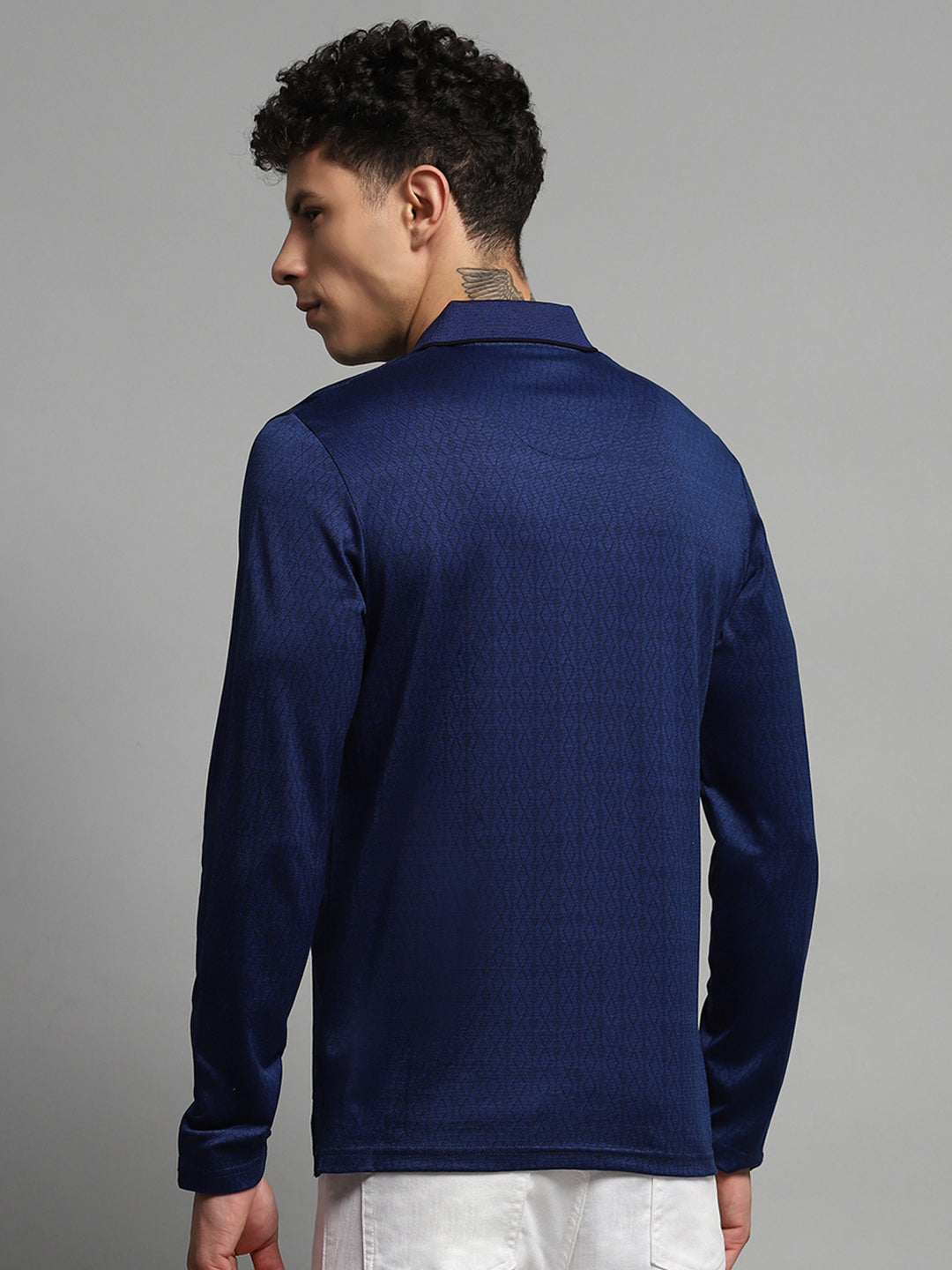 Luxuria Men Blue Self Design Collar Full Sleeve Winter T-Shirt