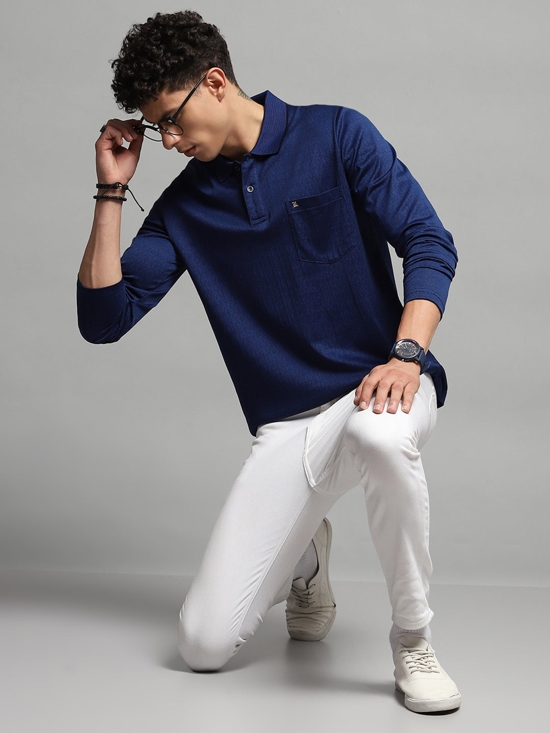 Luxuria Men Blue Self Design Collar Full Sleeve Winter T-Shirt