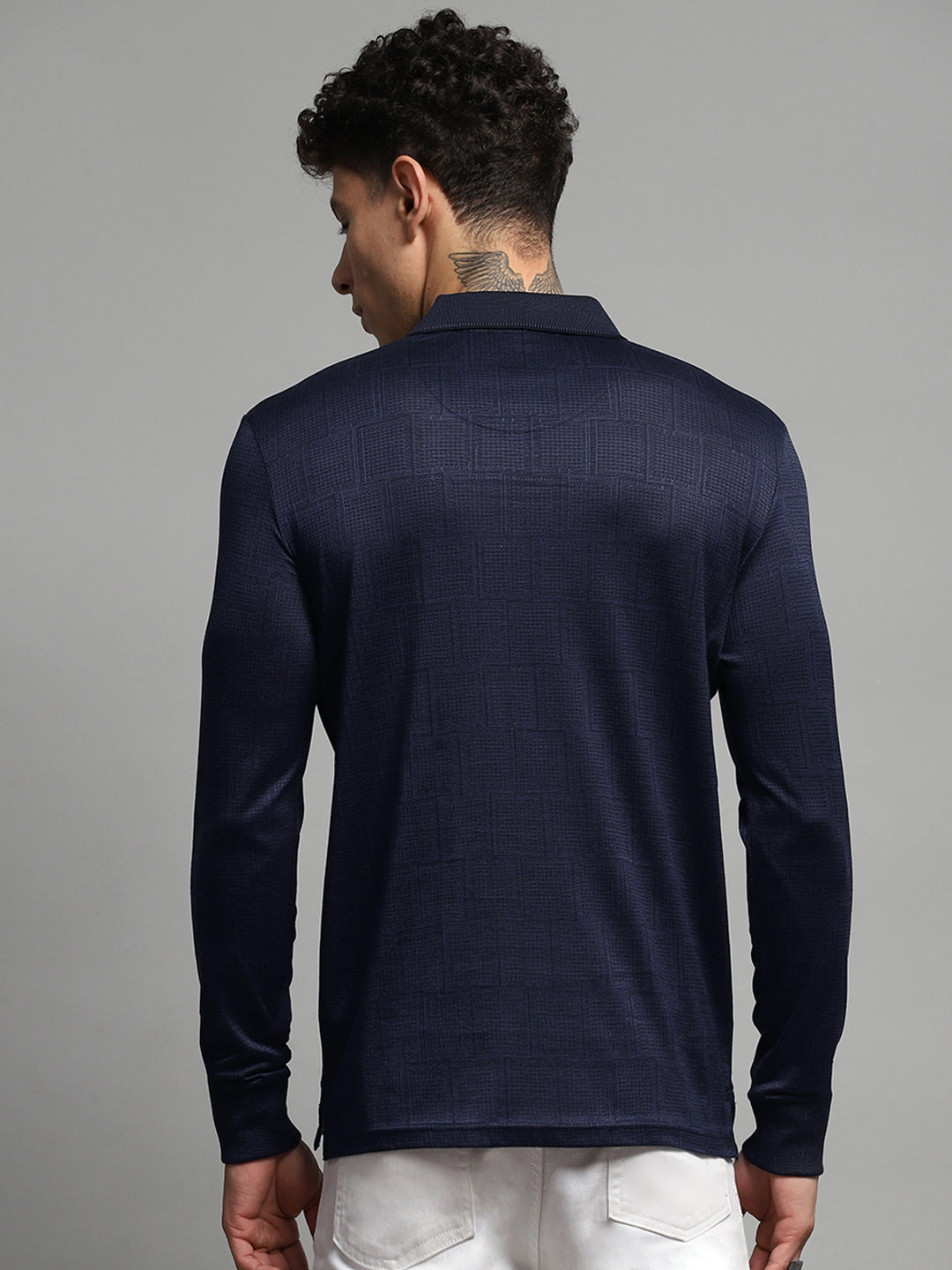 Luxuria Men Navy Blue Self Design Collar Full Sleeve Winter T-Shirt