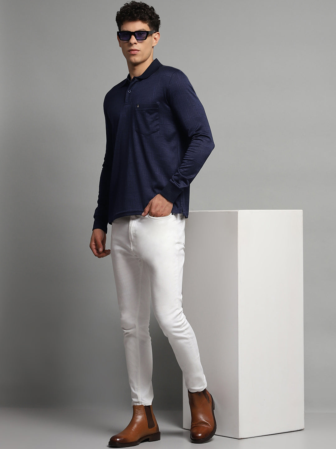 Luxuria Men Navy Blue Self Design Collar Full Sleeve Winter T-Shirt