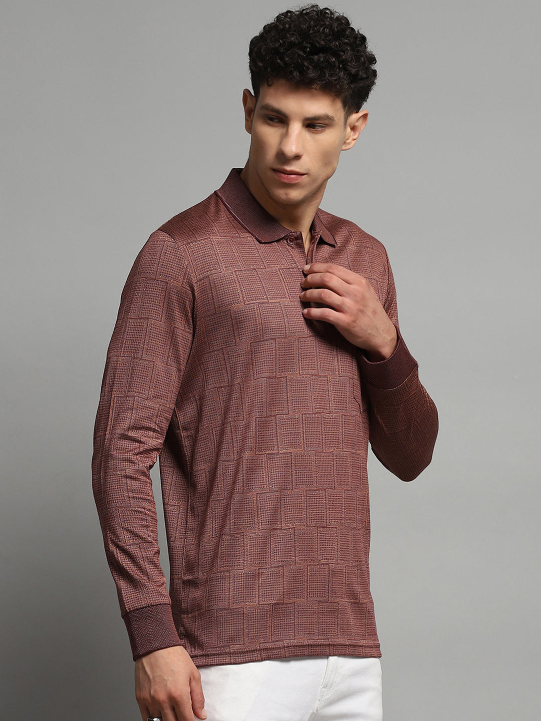 Luxuria Men Brown Self Design Collar Full Sleeve Winter T-Shirt