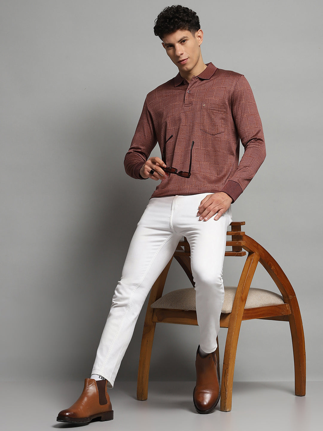 Luxuria Men Brown Self Design Collar Full Sleeve Winter T-Shirt