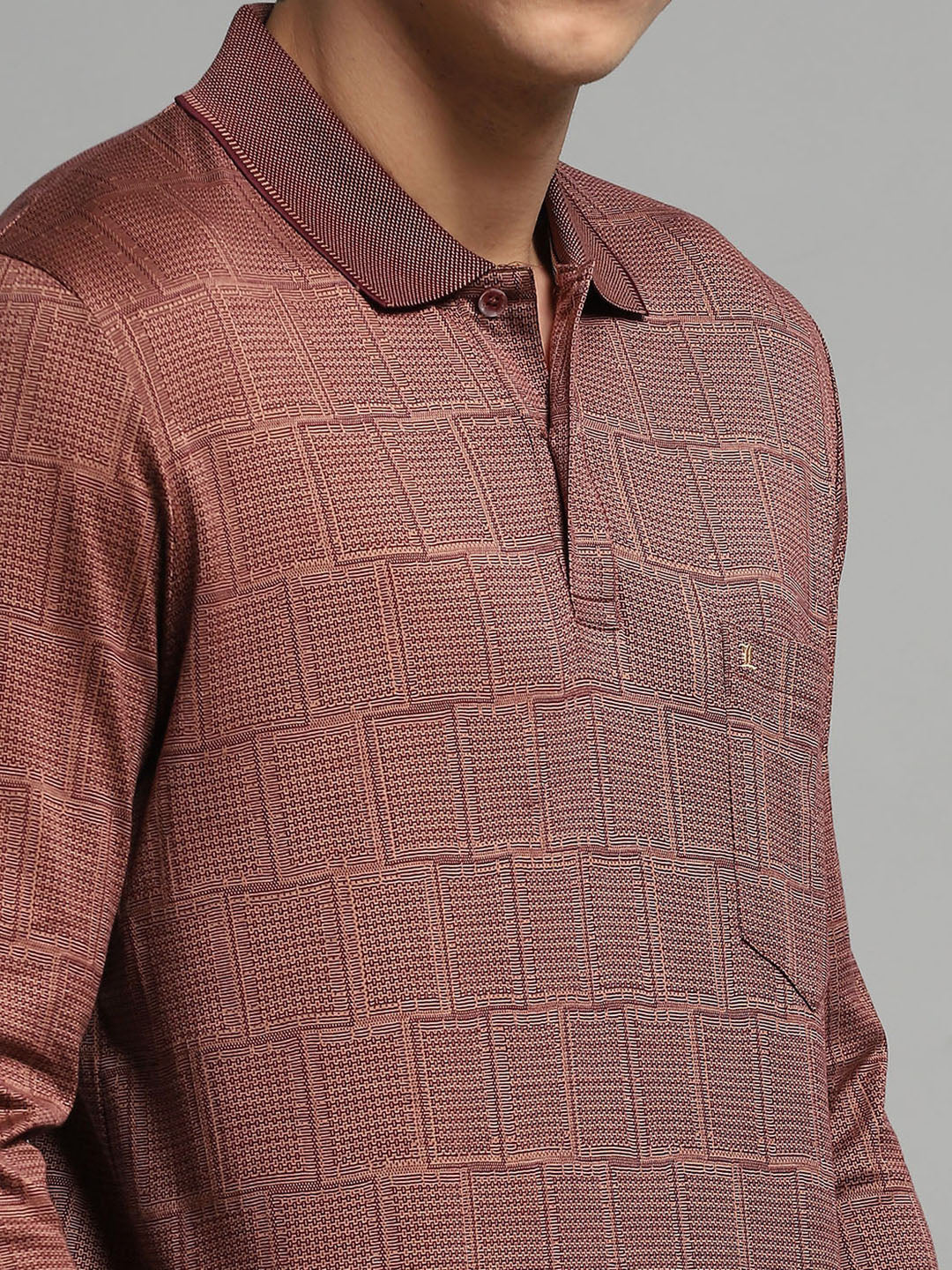 Luxuria Men Brown Self Design Collar Full Sleeve Winter T-Shirt