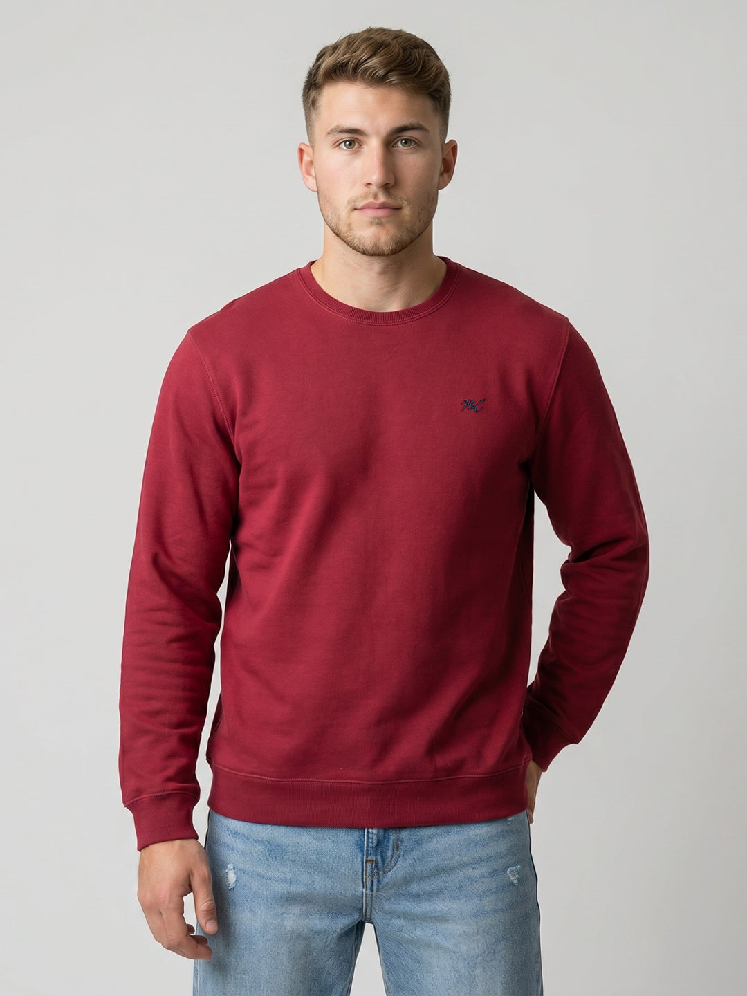 Men Maroon Embroidered Round Neck Full Sleeve T-Shirt