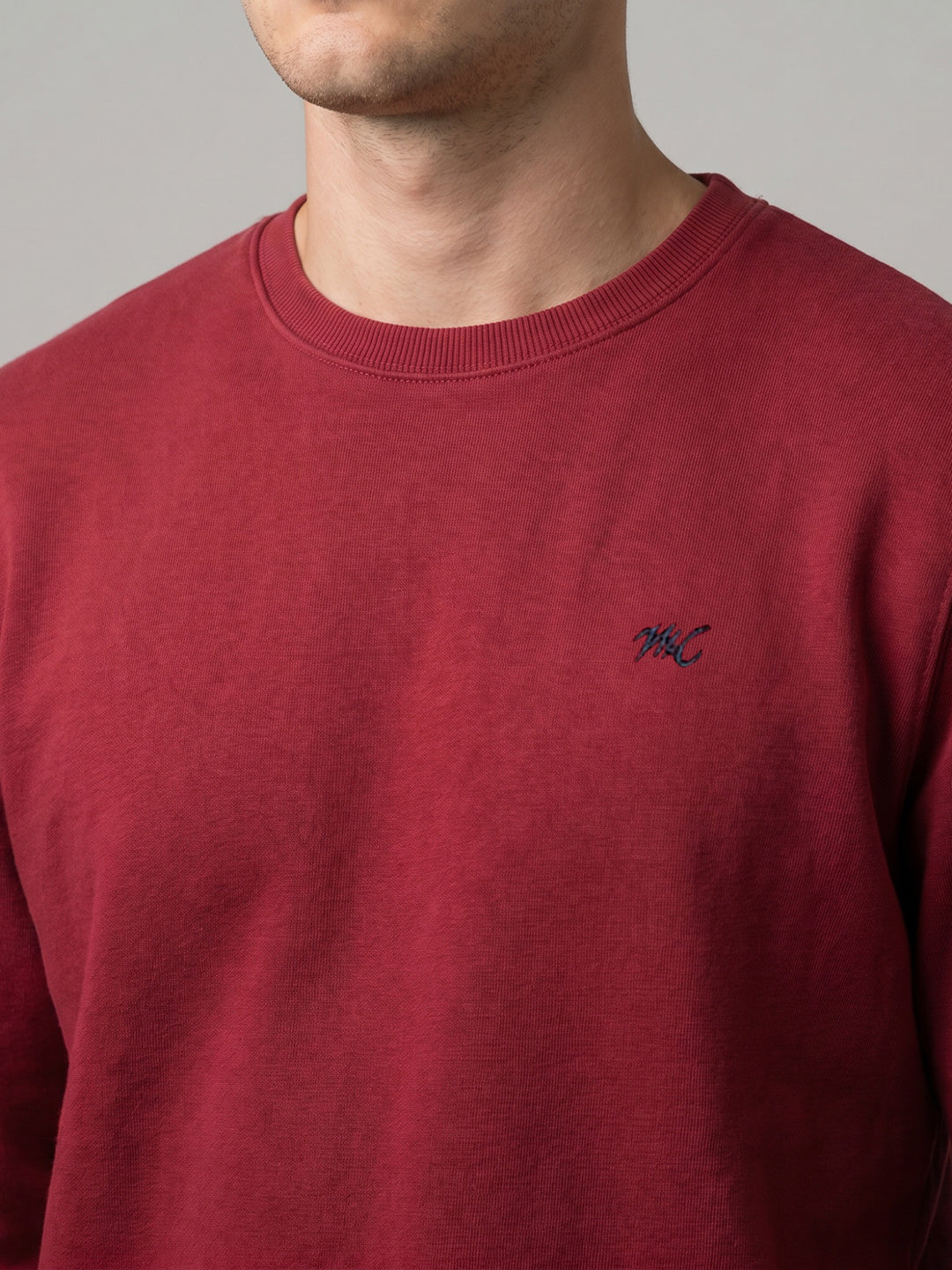 Men Maroon Embroidered Round Neck Full Sleeve T-Shirt