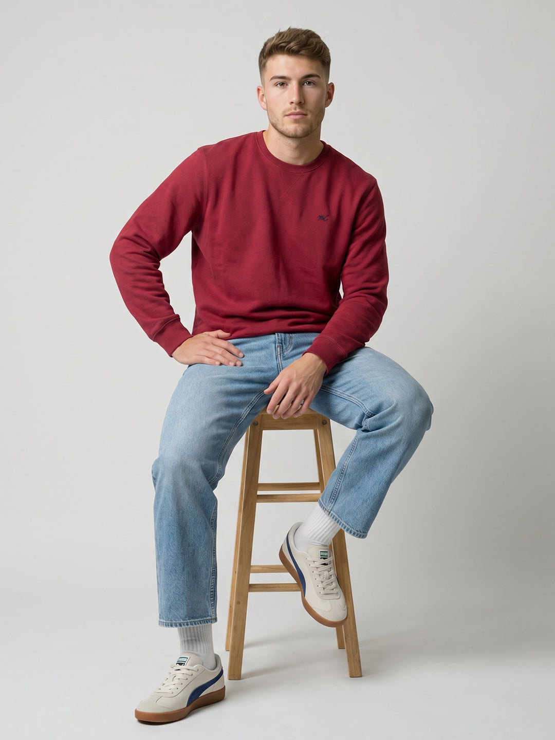 Men Maroon Embroidered Round Neck Full Sleeve T-Shirt