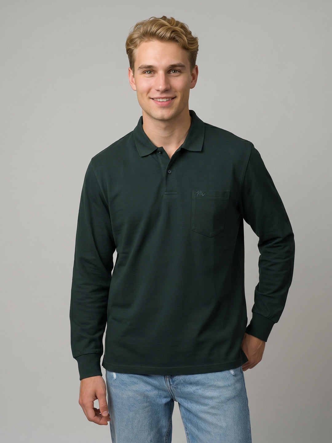 Men Green Solid Polo Collar Full Sleeve T-Shirt
