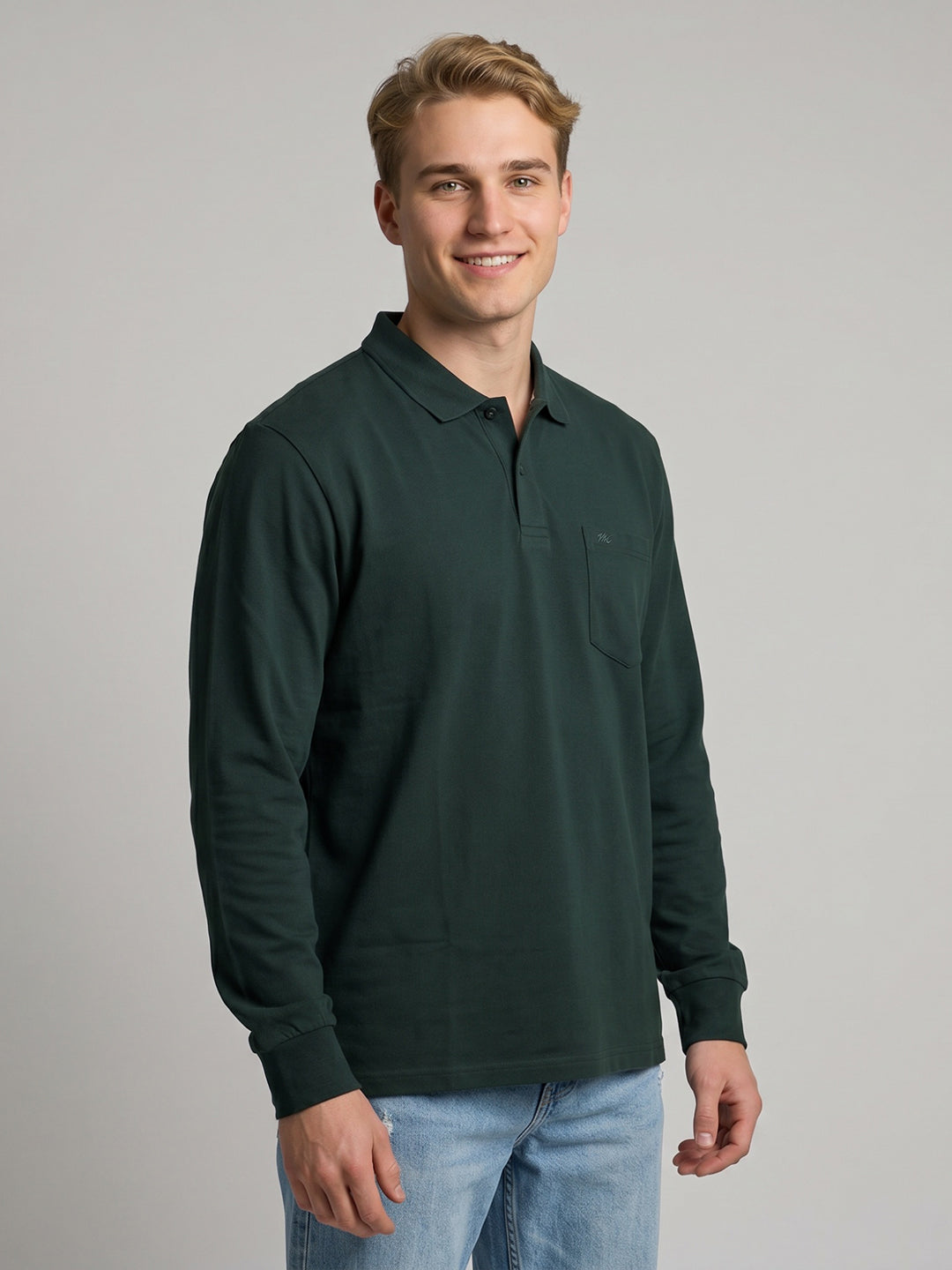 Men Green Solid Polo Collar Full Sleeve T-Shirt