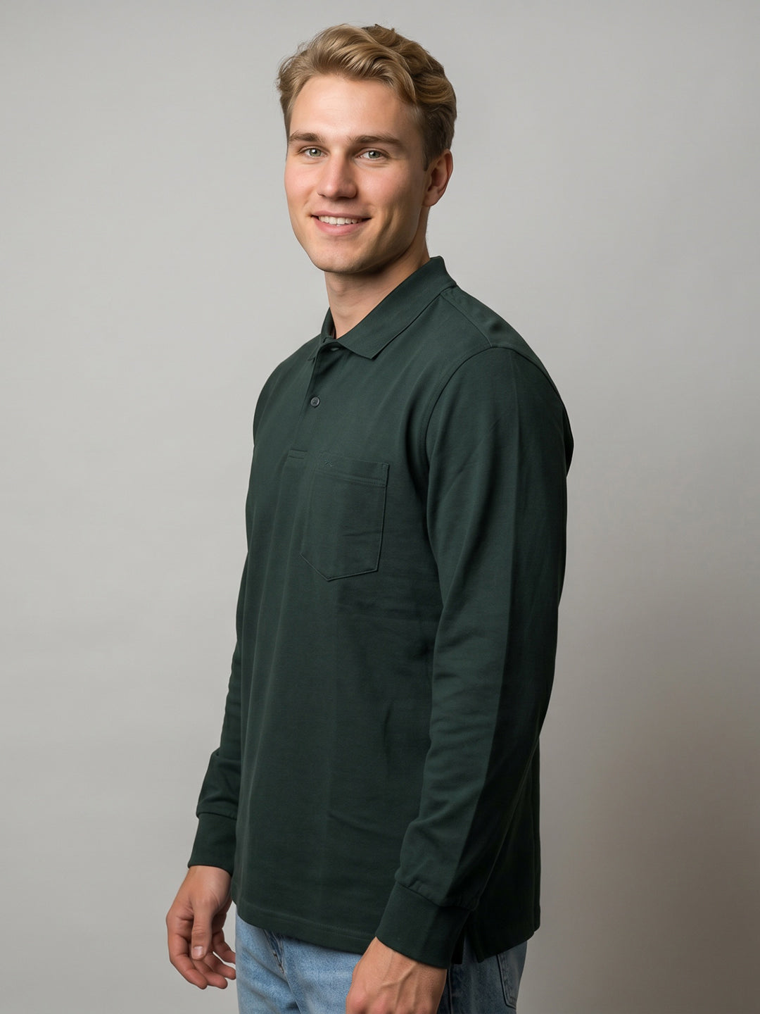 Men Green Solid Polo Collar Full Sleeve T-Shirt