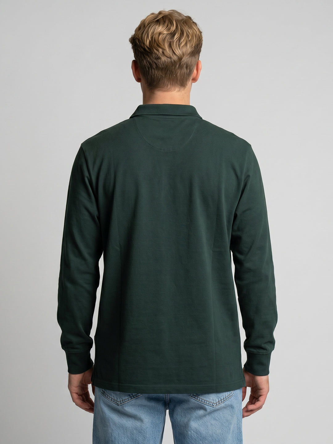 Men Green Solid Polo Collar Full Sleeve T-Shirt