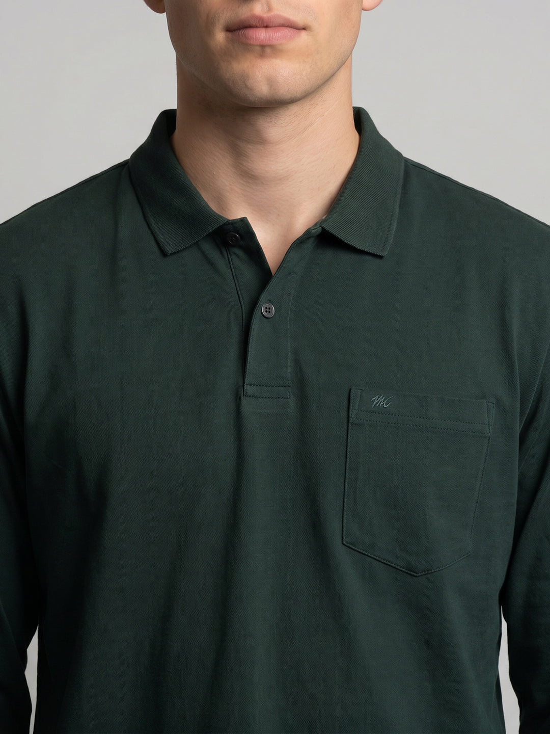 Men Green Solid Polo Collar Full Sleeve T-Shirt
