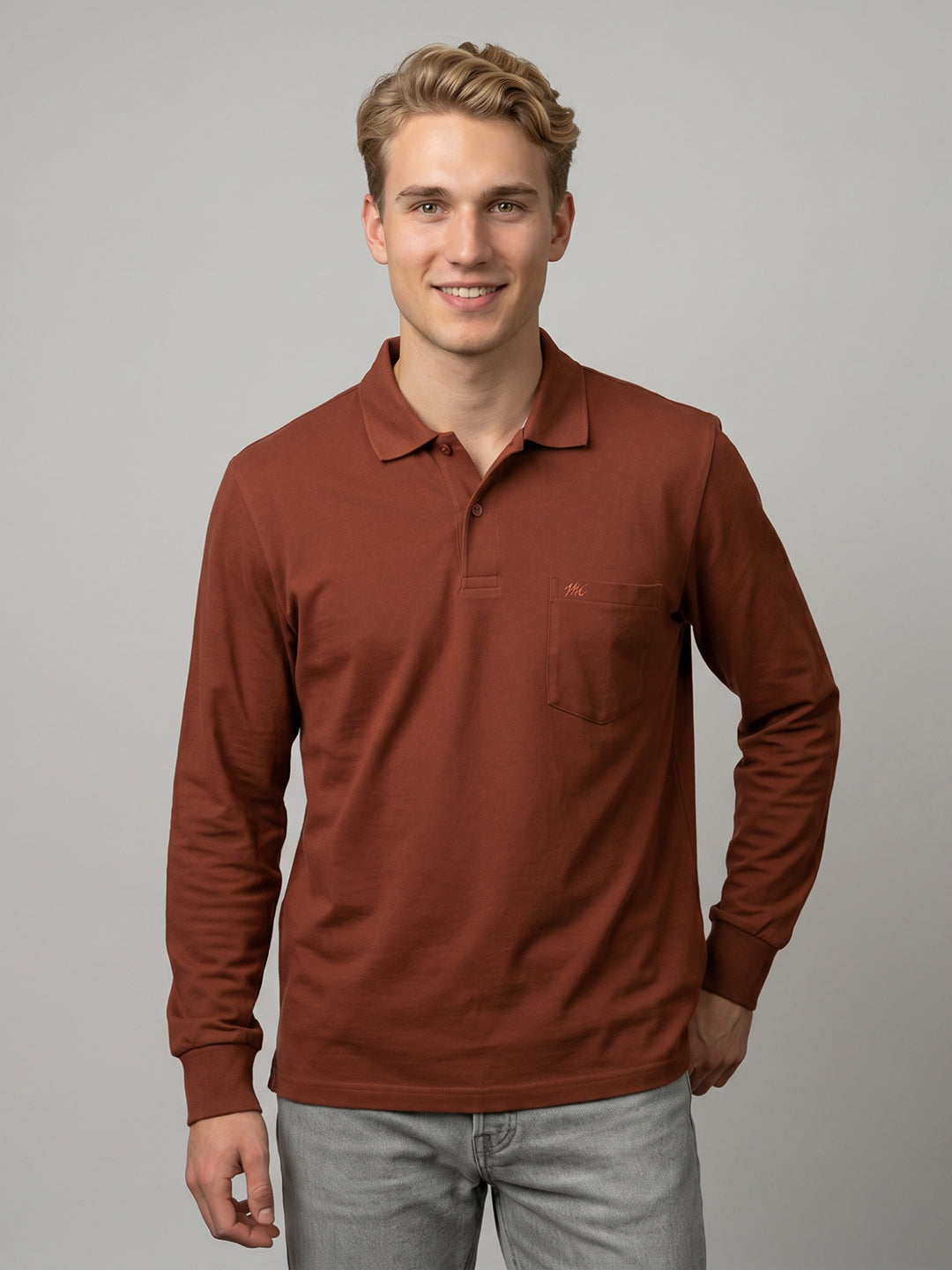 Men Rust Solid Polo Collar Full Sleeve T-Shirt