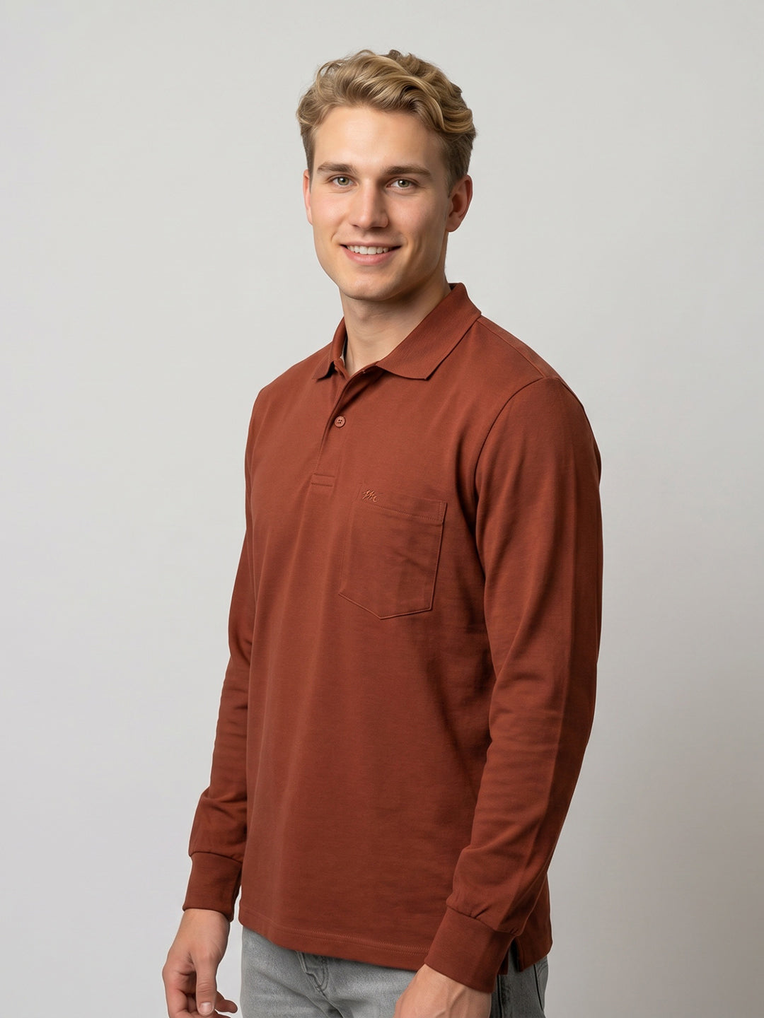 Men Rust Solid Polo Collar Full Sleeve T-Shirt